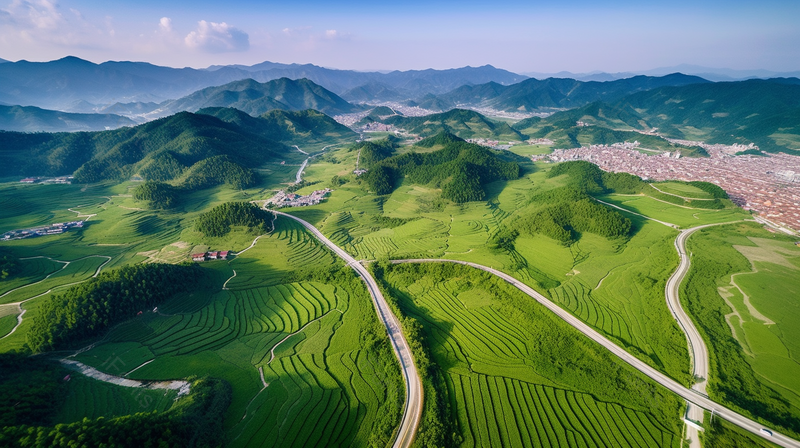 航拍乡村高速公路穿村而过田野山林摄影背景,高清,摄影图,摄影图片,图片大全,摄影图免费下载
